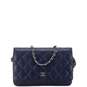 CHANEL Authentic Blue Caviar Leather Logo Wallet
